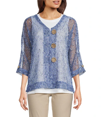 Ali Miles Mesh Woven V-Neck Elbow Sleeve Jacket
