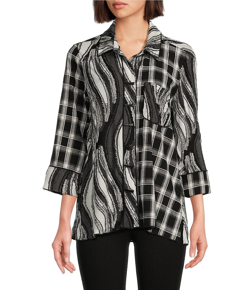 Ali Miles Mixed Knit Woven Abstract Print Point Collar 3/4 Sleeve Hi-Low Hem Button-Front Tunic