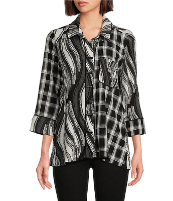 Ali Miles Mixed Knit Woven Abstract Print Point Collar 3/4 Sleeve Hi-Low Hem Button-Front Tunic