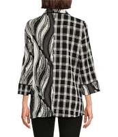 Ali Miles Mixed Knit Woven Abstract Print Point Collar 3/4 Sleeve Hi-Low Hem Button-Front Tunic