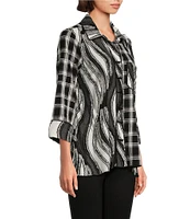 Ali Miles Mixed Knit Woven Abstract Print Point Collar 3/4 Sleeve Hi-Low Hem Button-Front Tunic