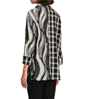 Ali Miles Mixed Knit Woven Abstract Print Point Collar 3/4 Sleeve Hi-Low Hem Button-Front Tunic