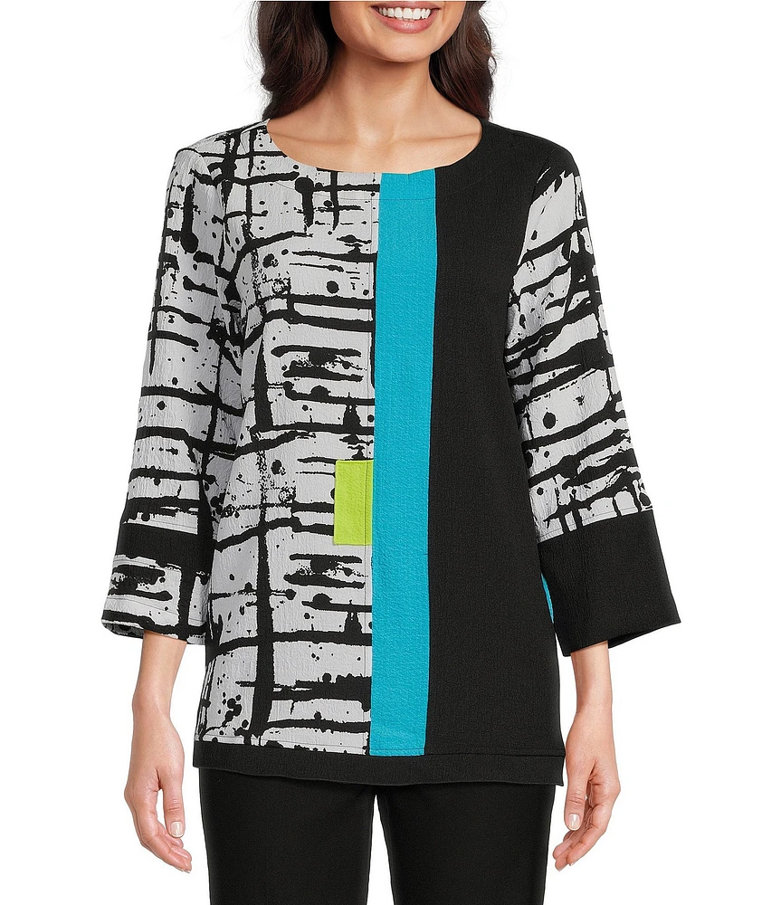 Ali Miles Mixed-Media Printed Round Neck 3/4 Sleeve Top