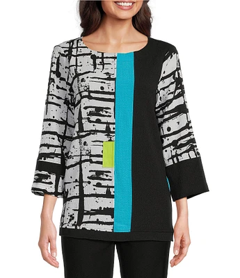 Ali Miles Mixed-Media Printed Round Neck 3/4 Sleeve Top