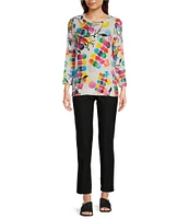 Ali Miles Petite Size Abstract Print Knit Round Neck 3/4 Sleeve Tunic