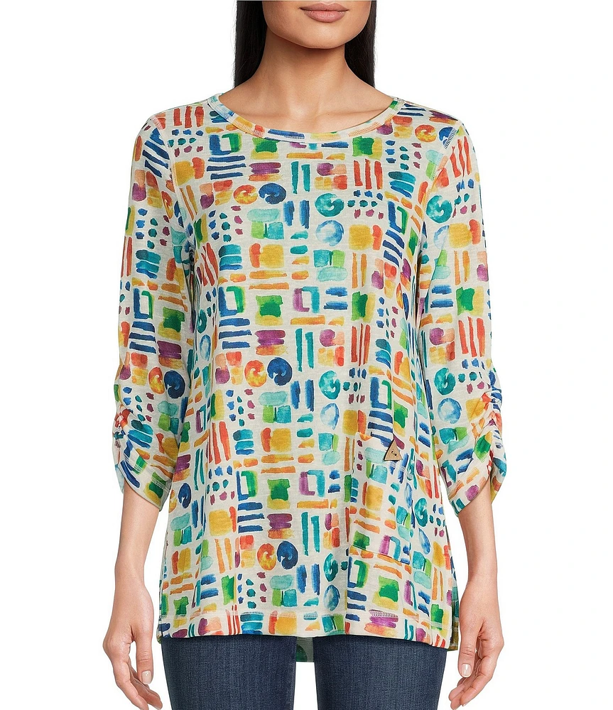 Ali Miles Petite Size Abstract Tile Print Round Neck 3/4 Sleeve Tunic