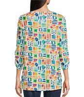 Ali Miles Petite Size Abstract Tile Print Round Neck 3/4 Sleeve Tunic