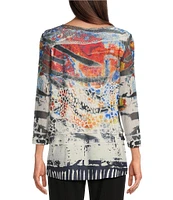 Ali Miles Petite Size Burnout Knit Abstract Print Round Neck 3/4 Sleeve Tunic
