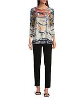 Ali Miles Petite Size Burnout Knit Abstract Print Round Neck 3/4 Sleeve Tunic