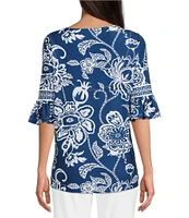 Ali Miles Petite Size Floral Print U-Shape Neck Elbow Sleeve Tunic