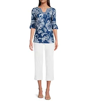 Ali Miles Petite Size Floral Print U-Shape Neck Elbow Sleeve Tunic