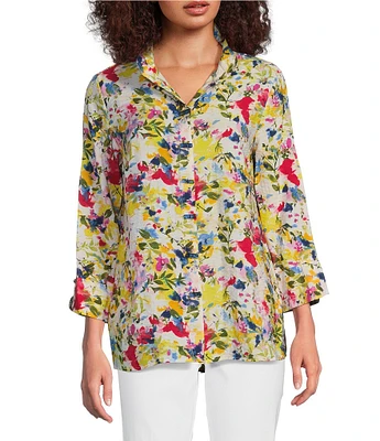Ali Miles Petite Size Floral Printed Woven Wire Collar 3/4 Sleeve Button Front Tunic
