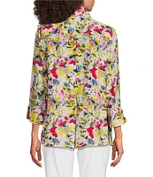 Ali Miles Petite Size Floral Printed Woven Wire Collar 3/4 Sleeve Button Front Tunic