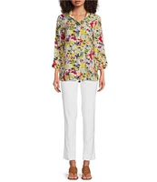 Ali Miles Petite Size Floral Printed Woven Wire Collar 3/4 Sleeve Button Front Tunic