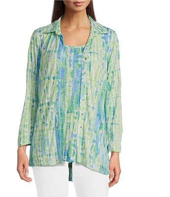 Ali Miles Petite Size Green Abstract Print Button Front Tank Set