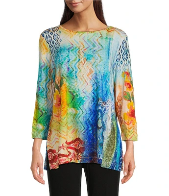 Ali Miles Petite Size Knit Abstract Print Boat Neck 3/4 Sleeve Top