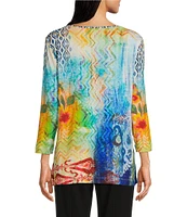 Ali Miles Petite Size Knit Abstract Print Boat Neck 3/4 Sleeve Top