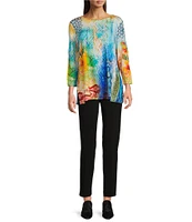 Ali Miles Petite Size Knit Abstract Print Boat Neck 3/4 Sleeve Top
