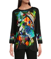 Ali Miles Petite Size Knit Diamond Geometric Print V-Neck 3/4 Sleeve Top