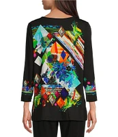 Ali Miles Petite Size Knit Diamond Geometric Print V-Neck 3/4 Sleeve Top