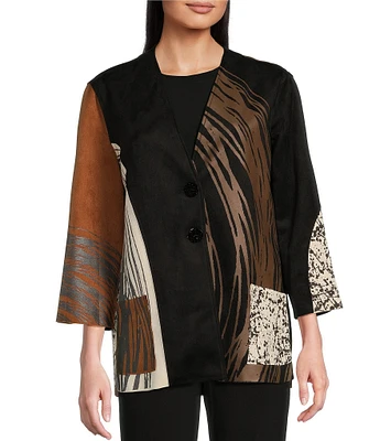 Ali Miles Petite Size Knit Faux Suede Abstract Patchwork Print Stand Collar Long Sleeve Button-Front Jacket