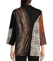 Ali Miles Petite Size Knit Faux Suede Abstract Patchwork Print Stand Collar Long Sleeve Button-Front Jacket