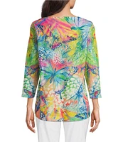 Ali Miles Petite Size Knit Floral Printed Scoop Neck 3/4 Sleeve Tunic
