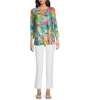 Ali Miles Petite Size Knit Floral Printed Scoop Neck 3/4 Sleeve Tunic