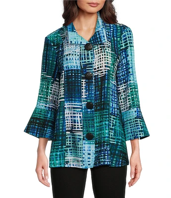 Ali Miles Petite Size Knit Mesh Abstract Print Stand Collar 3/4 Sleeve Button-Front Jacket