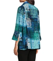 Ali Miles Petite Size Knit Mesh Abstract Print Stand Collar 3/4 Sleeve Button-Front Jacket