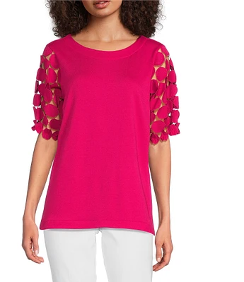 Ali Miles Petite Size Knit Round Neck Short Puff Sleeve Tunic