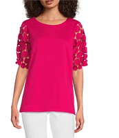 Ali Miles Petite Size Knit Round Neck Short Puff Sleeve Tunic
