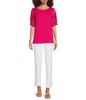 Ali Miles Petite Size Knit Round Neck Short Puff Sleeve Tunic