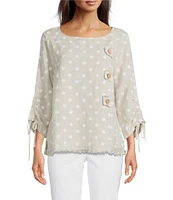 Ali Miles Petite Size Linen Blend Allover Pigment Dotted Round Neck 3/4 Cinched Tie Sleeve Tunic