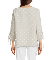 Ali Miles Petite Size Linen Blend Allover Pigment Dotted Round Neck 3/4 Cinched Tie Sleeve Tunic
