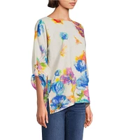 Ali Miles Petite Size Linen Blend Multi Floral Round Neck 3/4 Dolman Roll-Tab Sleeve Tunic