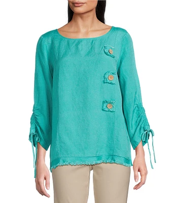 Ali Miles Petite Size Linen Blend Solid Round Neck 3/4 Cinched Tie Sleeve Tunic