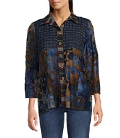 Ali Miles Petite Size Mix-Media Printed Point Collar Long Sleeve Button-Front Tunic