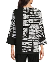 Ali Miles Petite Size Mixed-Media Printed Round Neck 3/4 Sleeve Top