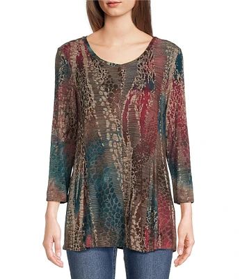 Ali Miles Petite Size Printed Burnout Printed Stretch V-Neck 3/4 Sleeve Tunic