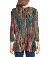 Ali Miles Petite Size Printed Burnout Printed Stretch V-Neck 3/4 Sleeve Tunic