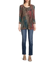 Ali Miles Petite Size Printed Burnout Printed Stretch V-Neck 3/4 Sleeve Tunic