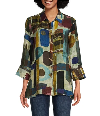 Ali Miles Petite Size Printed Collared 3/4 Sleeve Button Down Top