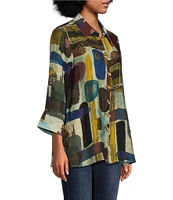 Ali Miles Petite Size Printed Collared 3/4 Sleeve Button Down Top