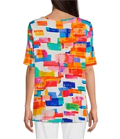 Ali Miles Petite Size Printed Knit Round Neck 3/4 Sleeve Top