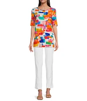 Ali Miles Petite Size Printed Knit Round Neck 3/4 Sleeve Top
