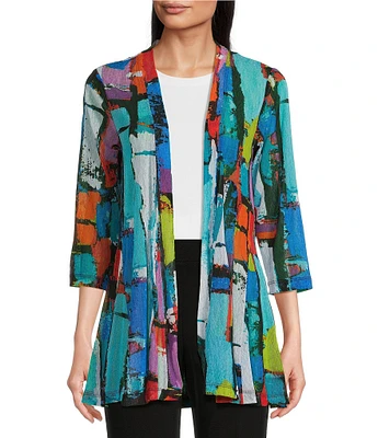 Ali Miles Petite Size Printed Mesh 3/4 Sleeve Open-Front Kimono