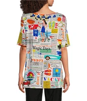 Ali Miles Petite Size Printed Round Neck Short Sleeve Tunic