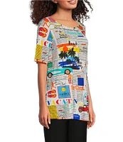 Ali Miles Petite Size Printed Round Neck Short Sleeve Tunic