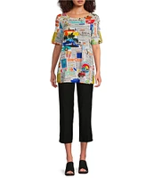 Ali Miles Petite Size Printed Round Neck Short Sleeve Tunic